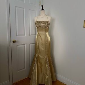 Morgan and Co. Gold Beaded Halter Gown